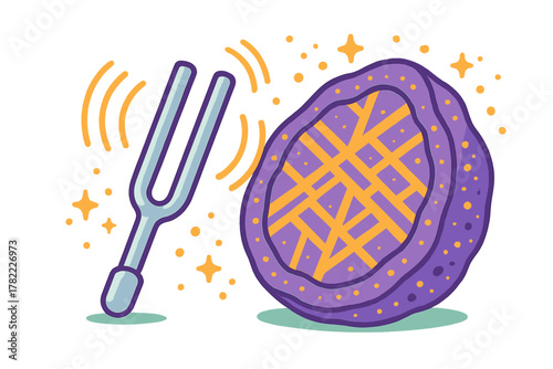 Vibrating tuning fork generating sound waves adjacent to a large abstract purple shape