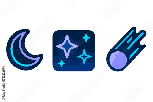 Glowing celestial symbols: crescent moon, sparkling stars, and streaking meteorite