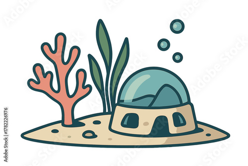 Stylized underwater base with observation dome, pink coral, and green sea grass on sand
