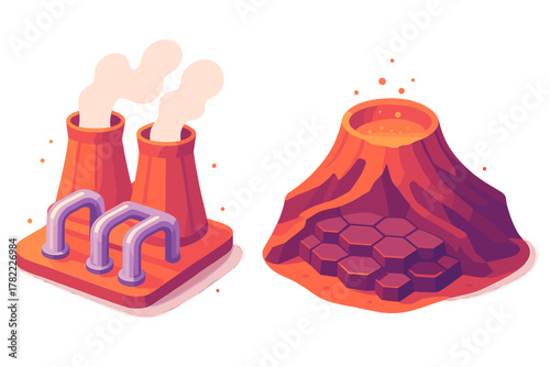 Isometric icons showing industrial cooling towers emitting steam and a volcano cross-section with hexagonal rock formations