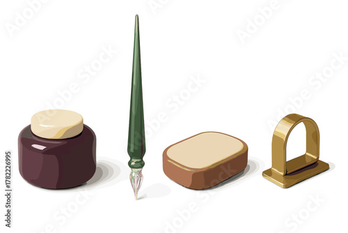 Elegant desk stationery set with a glass dip pen, ink jar, blotter pad, and gold accessory
