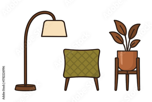 Contemporary home decor elements including a standing lamp, upholstered chair, and potted plant