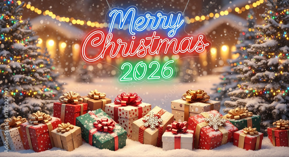 Obraz premium Bright Merry Christmas 2026 lights illuminating snowy winter scene with decorated presents