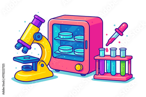 Brightly colored scientific research tools including a microscope and chemical glassware