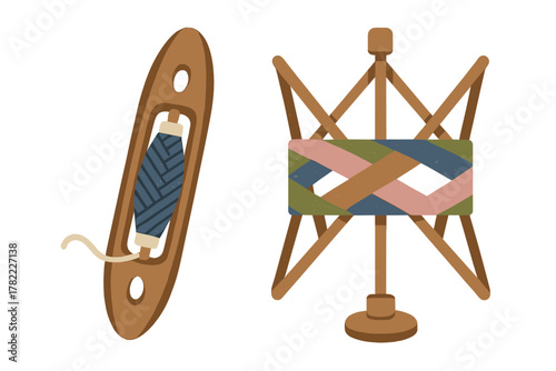 Traditional textile craft equipment featuring a wooden shuttle and a colorful yarn winder