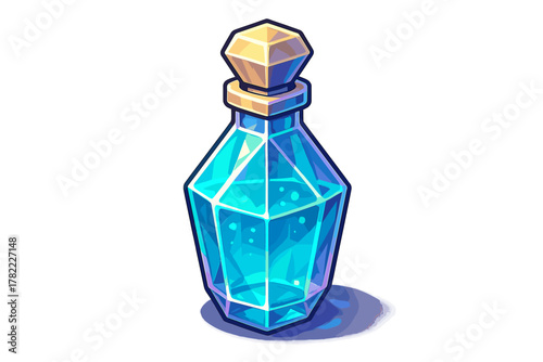 Magical faceted potion bottle filled with glowing blue liquid and topped with a golden stopper