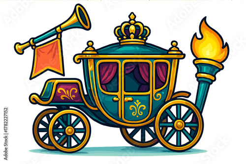 Ornate royal carriage with golden crown, ceremonial trumpet, and flaming torch decoration