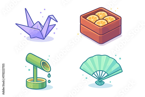 Traditional Japanese cultural symbols set including origami crane bento box and bamboo fountain