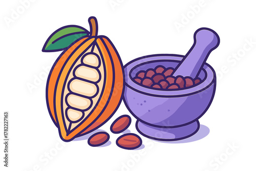 Cocoa pod fruit with raw cacao beans and a traditional mortar and pestle for grinding ingredients
