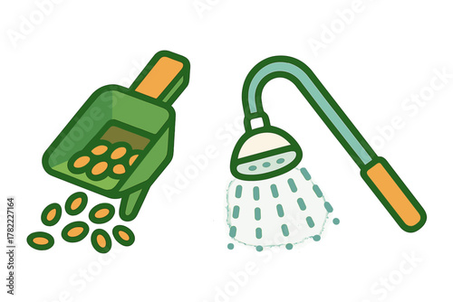 Garden scoop pouring seeds next to a shower head spraying water for plant care