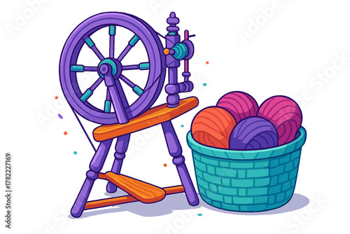 Traditional spinning wheel next to a basket overflowing with vibrant yarn balls