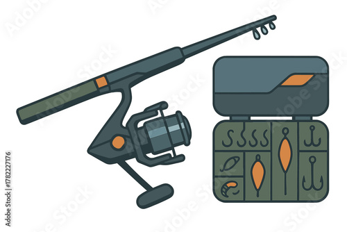 Essential fishing equipment setup featuring a spinning rod, reel, and an open box of tackle accessories