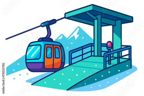 Colorful ski lift gondola cabin arriving at the mountain station platform during winter season