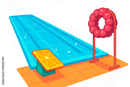 Brightly colored swimming pool with an orange slice diving board and red life ring