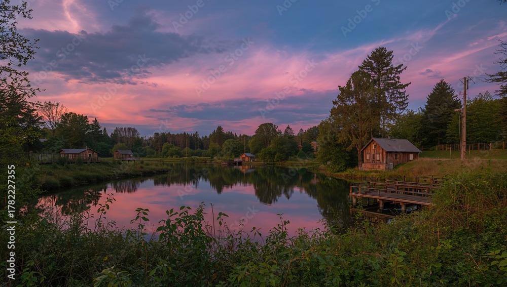 Fototapeta premium Late night in Skelleftehamn featuring a cool-toned sky, seasonal change