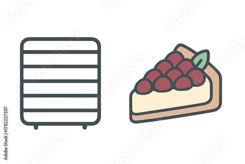 Minimalist slice of cheesecake with berries next to a simple outline icon of a rectangular appliance
