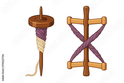 Traditional wooden drop spindle and yarn winder tools used for fiber arts and textile production