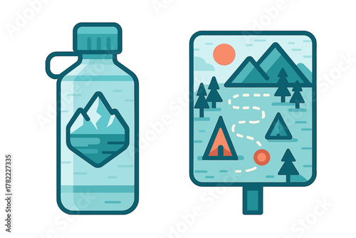 Essential items for hiking and camping including a water bottle and a trail map signpost