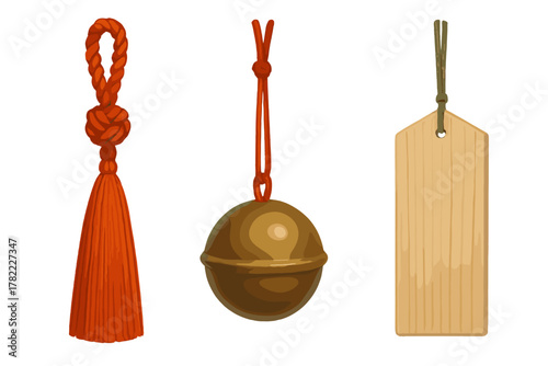 Traditional Japanese good luck charms set including an orange tassel, golden bell, and wooden tag