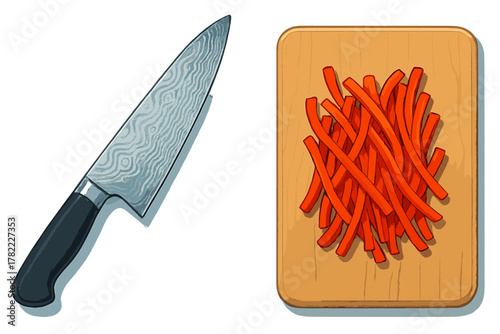 Professional Damascus steel chef knife and julienned carrots on a wooden cutting board