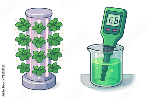 Vertical hydroponic farming tower growing plants with digital pH meter measuring nutrient solution