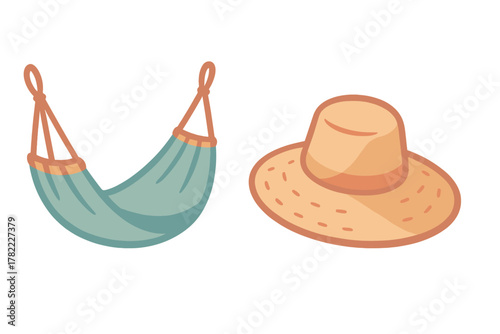 Hanging hammock and wide-brimmed straw hat symbolizing tropical relaxation