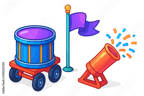 Isometric festive objects set with drum on wagon, purple flag, and confetti cannon