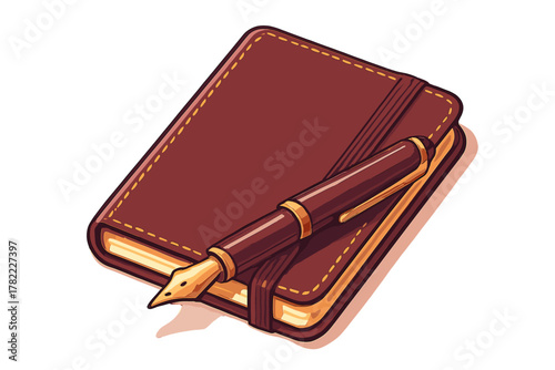 Classic fountain pen resting on a closed leather journal secured by an elastic strap