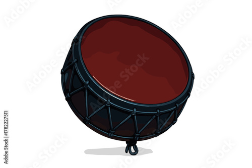 Large traditional percussion drum with dark red skin and black lacing isolated on white