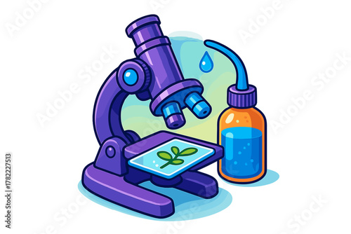 Scientific research equipment showing a plant specimen under a purple microscope with a dropper bottle