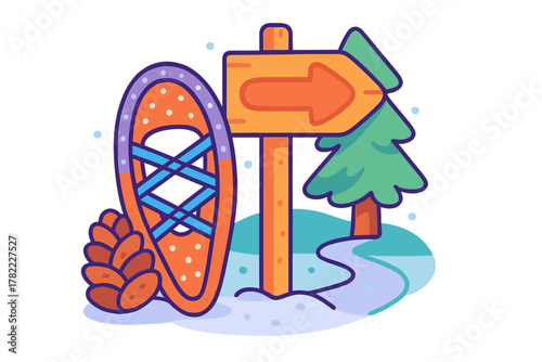 Brightly colored snowshoe and wooden signpost marking a snowy winter hiking or trekking path