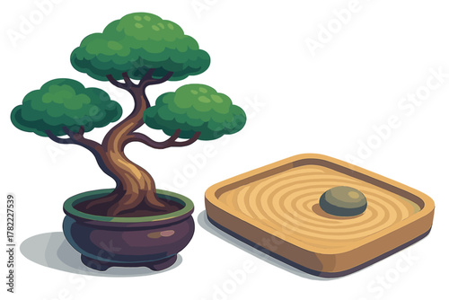 Curved bonsai tree in a ceramic pot placed beside a small Japanese zen garden with raked sand and rock