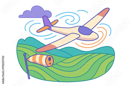 Glider airplane soaring above rolling green landscape with a windsock and swirling wind currents