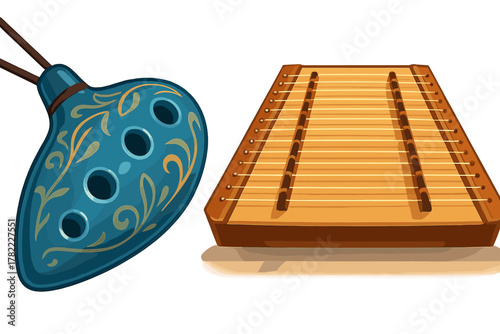 Stylized blue ceramic ocarina and wooden hammered dulcimer traditional musical instruments