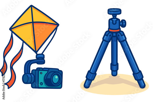 Kite aerial photography setup with action camera and portable tripod stand