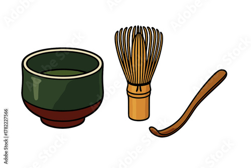 Traditional Japanese matcha tea ceremony tools including a bowl, whisk, and scoop
