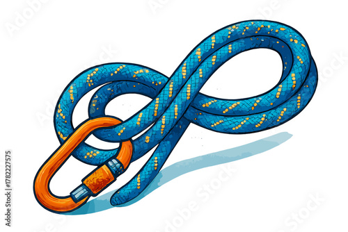 Bright blue climbing rope coiled and secured with an orange locking safety carabiner hook isolated on white background