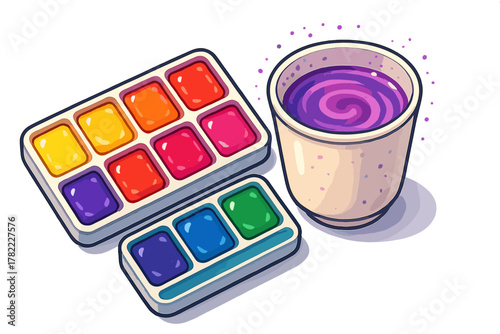 Set of vibrant watercolor paint palettes and a cup of swirling purple water