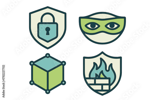 Cyber security symbols featuring padlock shield thief mask blockchain cube and firewall protection