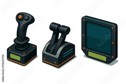 Isometric flight controls set including joystick, throttle quadrant, and display screen icons