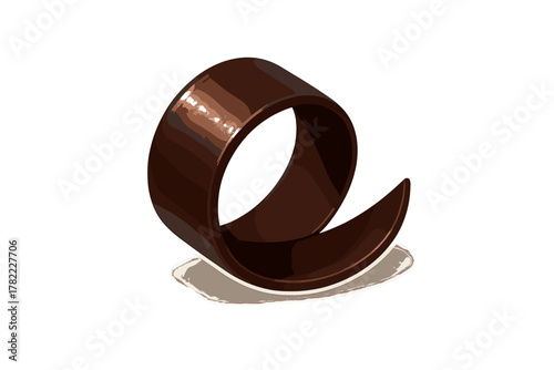Elegant dark brown chocolate shaving curled into a spiral shape for dessert garnish
