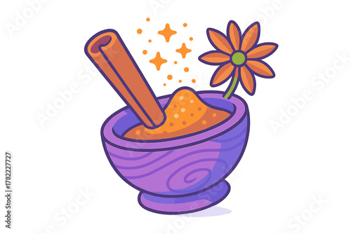 Stylized magical mortar and pestle with cinnamon stick, colorful spice powder, and blooming flower