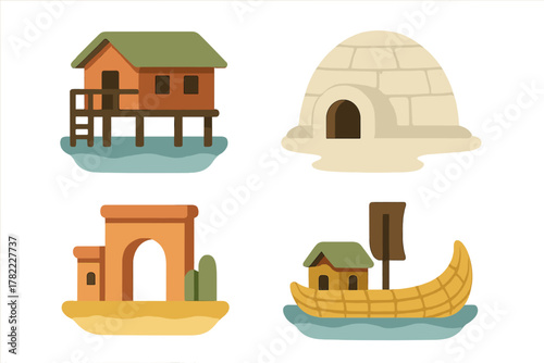 Stylized icons of diverse global housing types including stilt house igloo desert dwelling and house boat