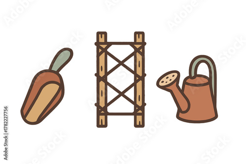Set of essential gardening tools including a hand scoop, wooden trellis, and classic watering can
