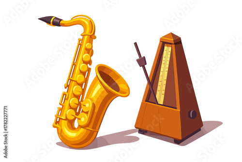 Golden saxophone and classic wooden metronome standing together symbolizing music and rhythm