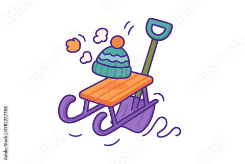 Bright cartoon sled carrying a knit winter hat and snow shovel speeding across the snow