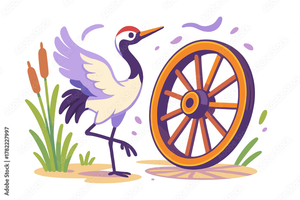 Obraz premium Red-crowned crane standing next to an antique wooden wagon wheel in a marsh