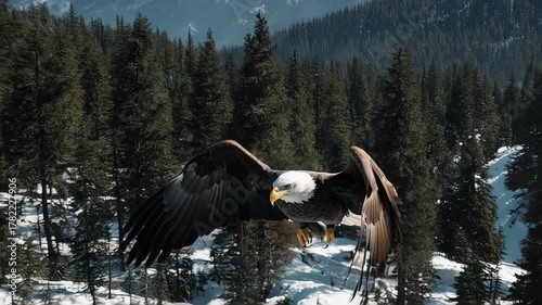 Majestic Bald Eagle Soars Over Snowy Mountain Forest Landscape.