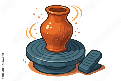 Terracotta clay pot being shaped on a spinning potter's wheel with a foot pedal control