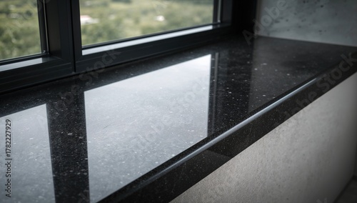 Fototapeta Naklejka Na Ścianę i Meble -  A Contemporary Windowsill with a Polished, Shiny Black Stone Top, Ideal for Interior Design